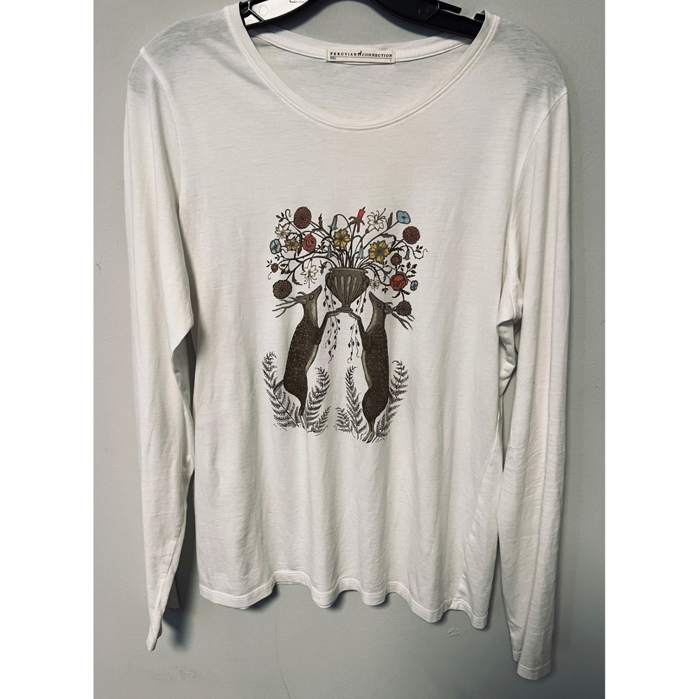 Peruvian Connection Graphic Tee Women L White Pre-owned Stags Floral Pima Cotton